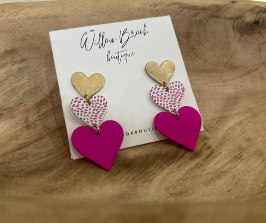 Triple heart earrings Fuschia