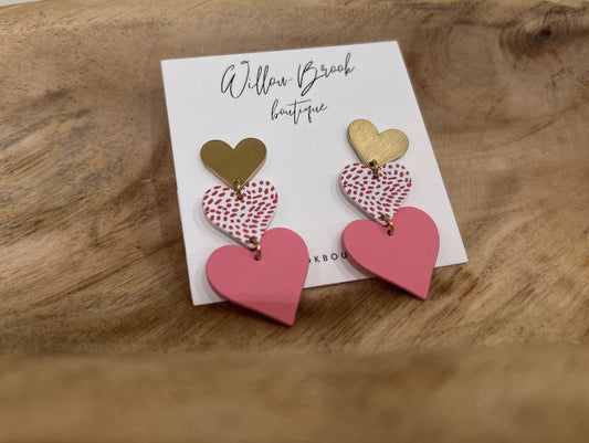 Triple Heart Earrings Pink