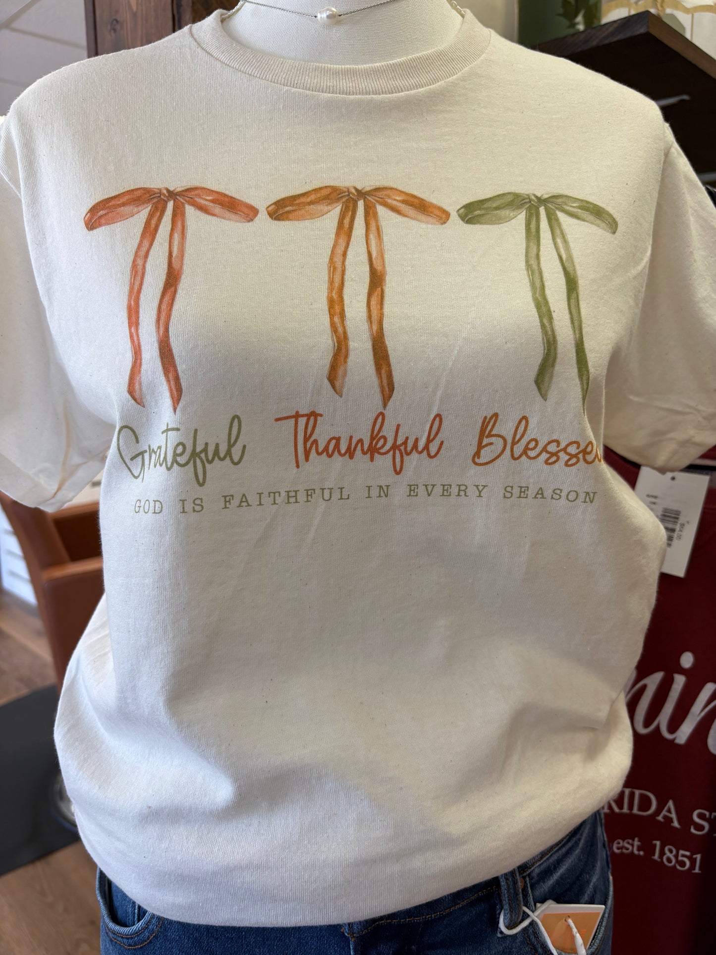 Grateful, Thankful, Blessed Bow Tee